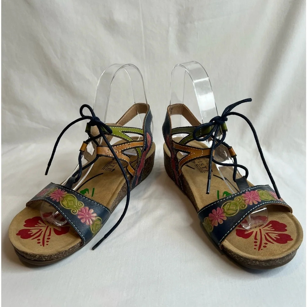 L’Artiste Spring Step Womens Loma Navy Floral‎ Strappy Leather Sandals. Size 8.